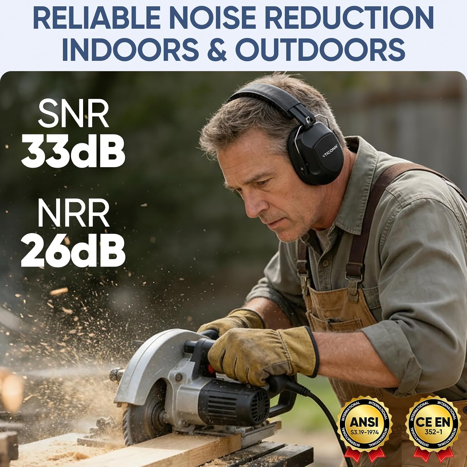 TICONN Noise Cancelling Ear Muffs for Adults, SNR 33dB Hearing Protection, Adjustable Safety Earmuffs for Construction - Image 2