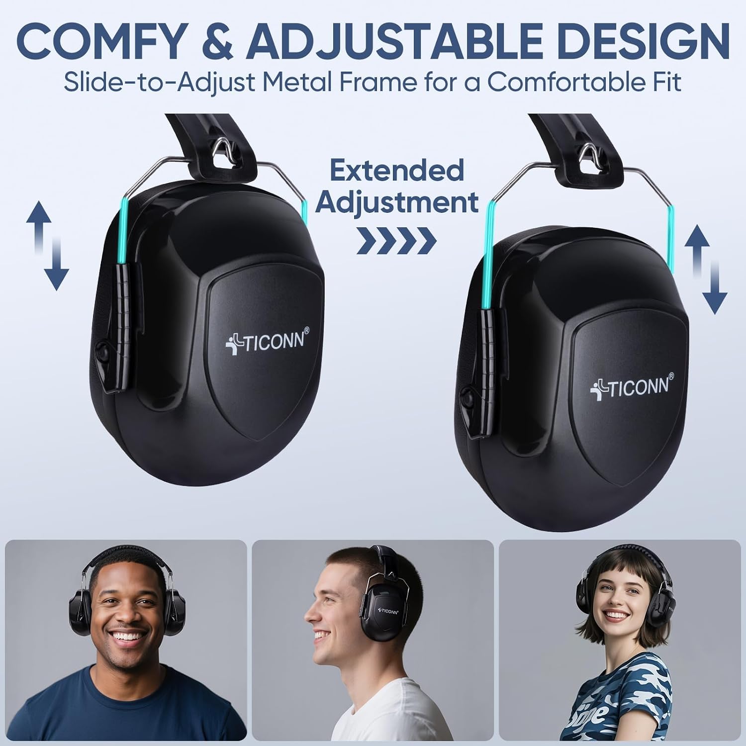 TICONN Noise Cancelling Ear Muffs for Adults, SNR 33dB Hearing Protection, Adjustable Safety Earmuffs for Construction - Image 3