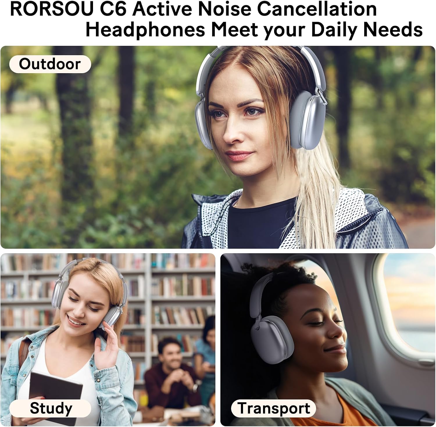 C6 Active Noise Cancelling Headphones, Wireless Over Ear Bluetooth Headphones, 60H Playtime, Lightweight Folding Comfort Fit Ear Cups Headset with Mic for iPad/Travel/PC/Home Silver - Image 7