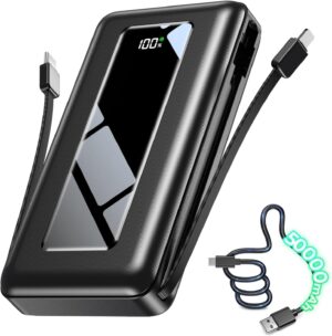 50000mAh Portable Charger Power Bank, Fast Charging with Built in Cables